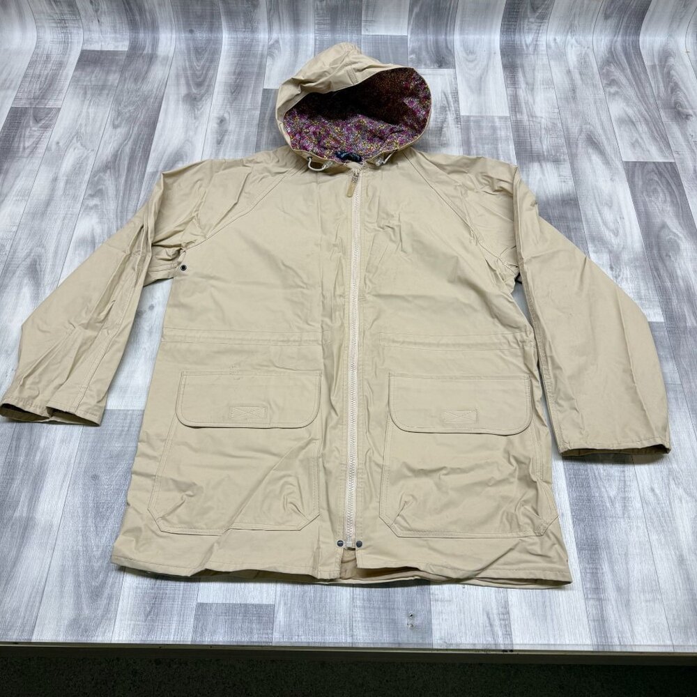 ✅ Womens S Totes Beige Hooded Raincoat Floral Lining Zip Closure PVC/Nylon Coat